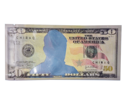 Money Mylar bag 3.5g, herb Mylar Bags, Where to buy mylar bags, Custom mylar bags near me, Mylar Bags Wholesale. Faux dollar bill with a blue silhouette of a head and 'Chiraq' text on a white background