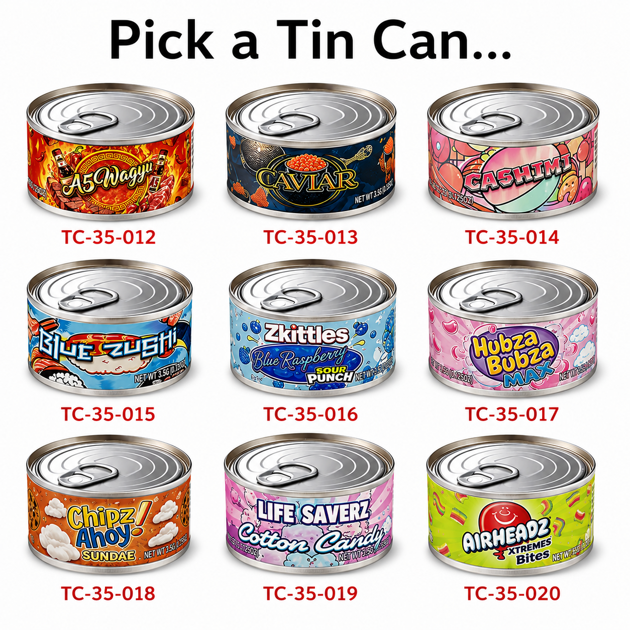 12 Pack - Tin Can Style Metal Storage Pull Top Containers (Lids & Wrap Labels) - Exotic Variant Selection