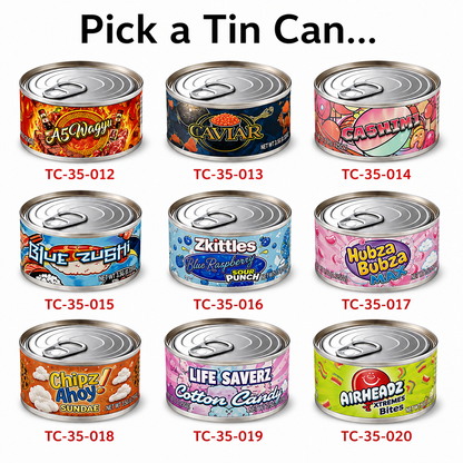12 Pack - Tin Can Style Metal Storage Pull Top Containers (Lids & Wrap Labels) - Exotic Variant Selection