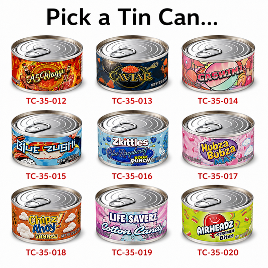 12 Pack - Tin Can Style Metal Storage Pull Top Containers (Lids & Wrap Labels) - Exotic Variant Selection
