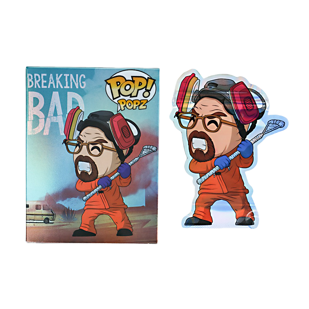 Mylar Bag Cartoon character in orange jumpsuit with a lacrosse stick next to 'Pop! Popz' packaging.