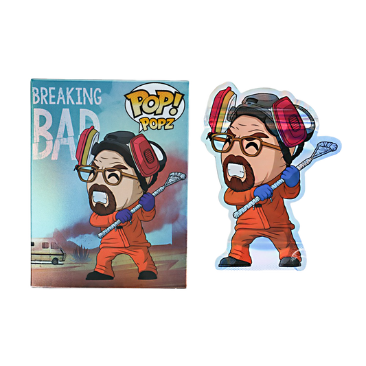 Mylar Bag Cartoon character in orange jumpsuit with a lacrosse stick next to 'Pop! Popz' packaging.