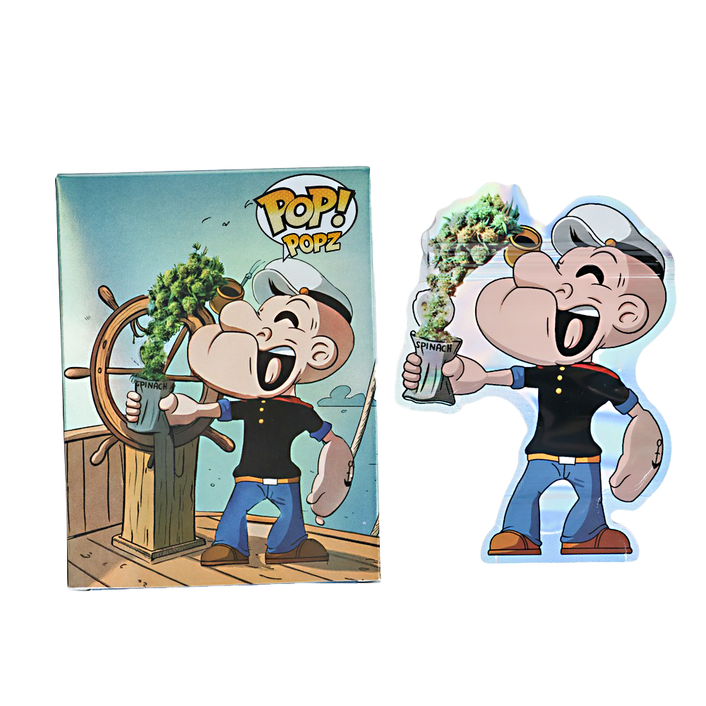 Mylar Bag Cartoon character with a hat and a plant, next to a packaging box labeled 'Pop! Popz'.