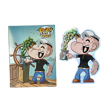 Mylar Bag Cartoon character with a hat and a plant, next to a packaging box labeled 'Pop! Popz'.