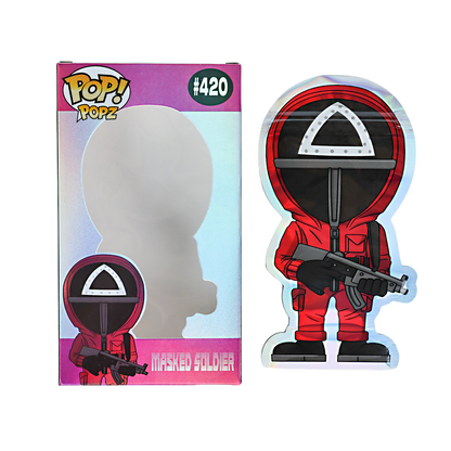 Mylar Bag Pop! Vinyl figure of a masked soldier with packaging on a white background