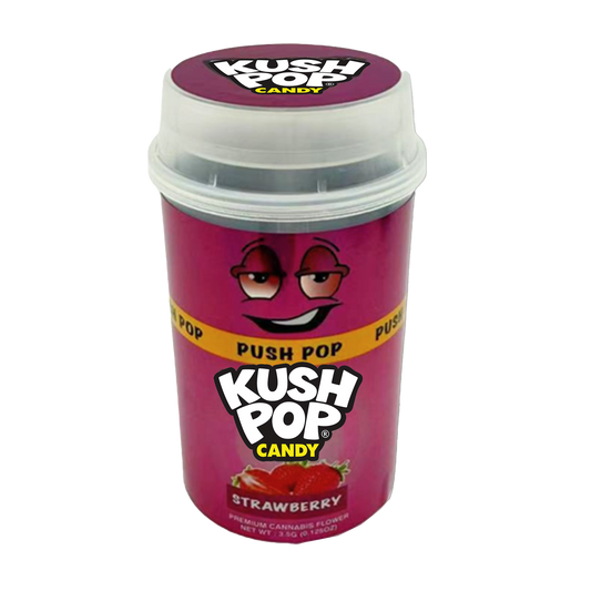 Mylar Bags, Cannabis Mylar Bags, Where to buy mylar bags, Custom mylar bags near me, Mylar Bags Wholesale. Kush Pop Kush Pop candy container with a pink design and visible branding on a white background