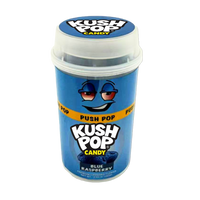 Mylar Bags, Cannabis Mylar Bags, Where to buy mylar bags, Custom mylar bags near me, Mylar Bags Wholesale. Kush PopKush Pop candy container with blue lid and blue body on a white background