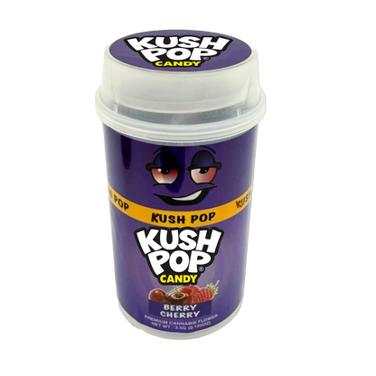 Mylar Bags, herb Mylar Bags, Where to buy mylar bags, Custom mylar bags near me, Mylar Bags Wholesale. Kush Pop Kush Pop candy container with purple label and white lid on a white background