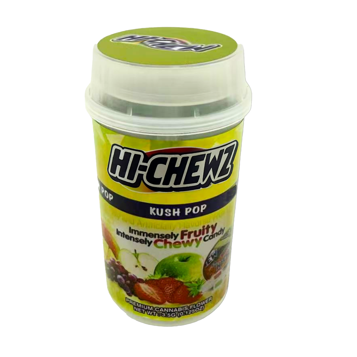 Mylar Bags, Cannabis Mylar Bags, Where to buy mylar bags, Custom mylar bags near me, Mylar Bags Wholesale. Kush Pop Container of Hi-Chewz Kush Pop candy on a white background