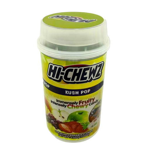 Mylar Bags, Cannabis Mylar Bags, Where to buy mylar bags, Custom mylar bags near me, Mylar Bags Wholesale. Kush Pop Container of Hi-Chewz Kush Pop candy on a white background