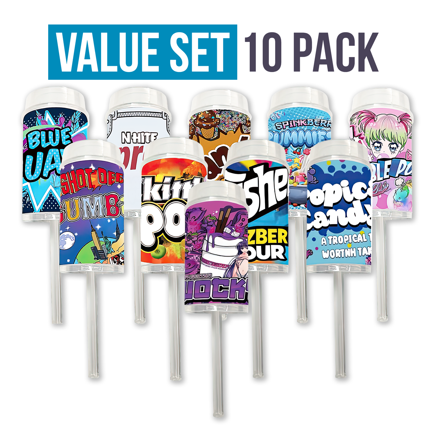 10 Pack 3.5g Push-Up Style Plastic Storage Containers Mystery Bundle - Assorted Designs