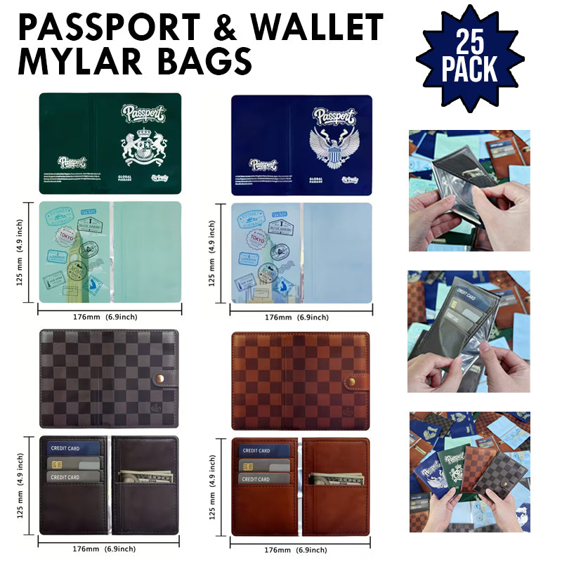 (25 Count) 4 Styles 3.5 Size Passport & Wallet Style Mylar Bags