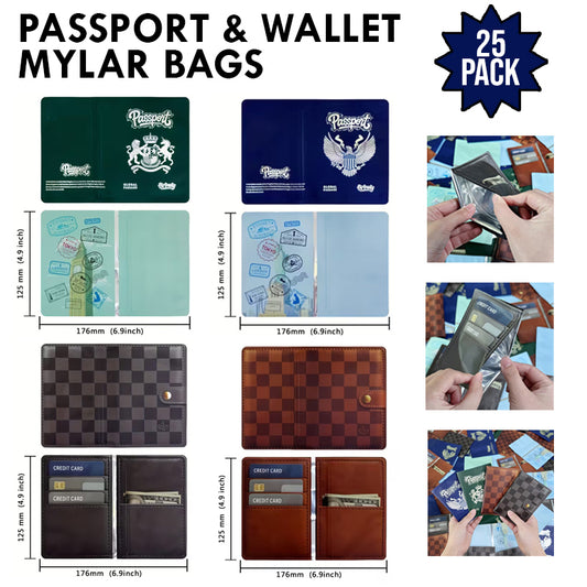 (25 Count) 4 Styles 3.5 Size Passport & Wallet Style Mylar Bags