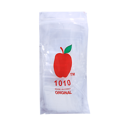 Mylar Bags, Cannabis Mylar Bags, Where to buy mylar bags, Custom mylar bags near me, Mylar Bags Wholesale. Apple Bags. White snack bag with red apple logo and '1010' text on a white background