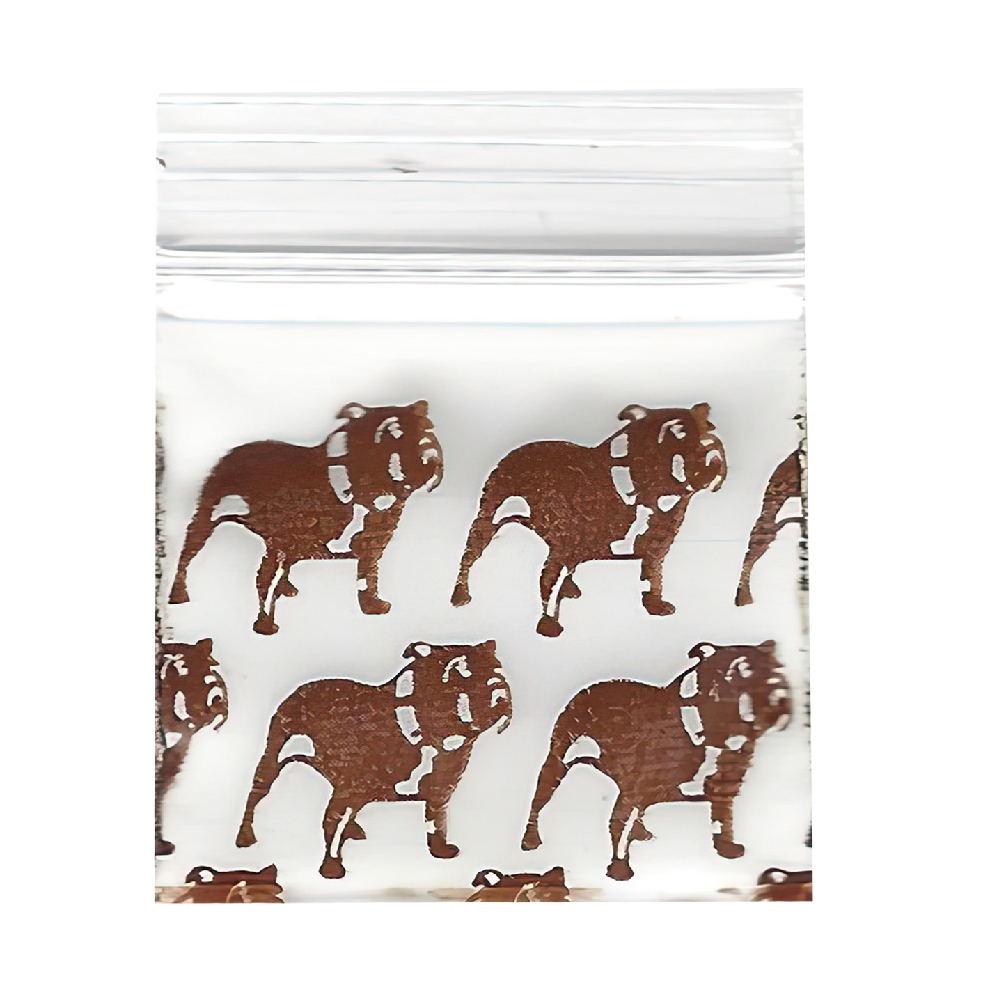 Mylar Bags, Cannabis Mylar Bags, Where to buy mylar bags, Custom mylar bags near me, Mylar Bags Wholesale. Apple Bags. Clear plastic bag with brown bulldog pattern on a white background