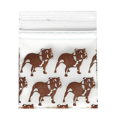 Mylar Bags, Cannabis Mylar Bags, Where to buy mylar bags, Custom mylar bags near me, Mylar Bags Wholesale. Apple Bags. Clear plastic bag with brown bulldog pattern on a white background