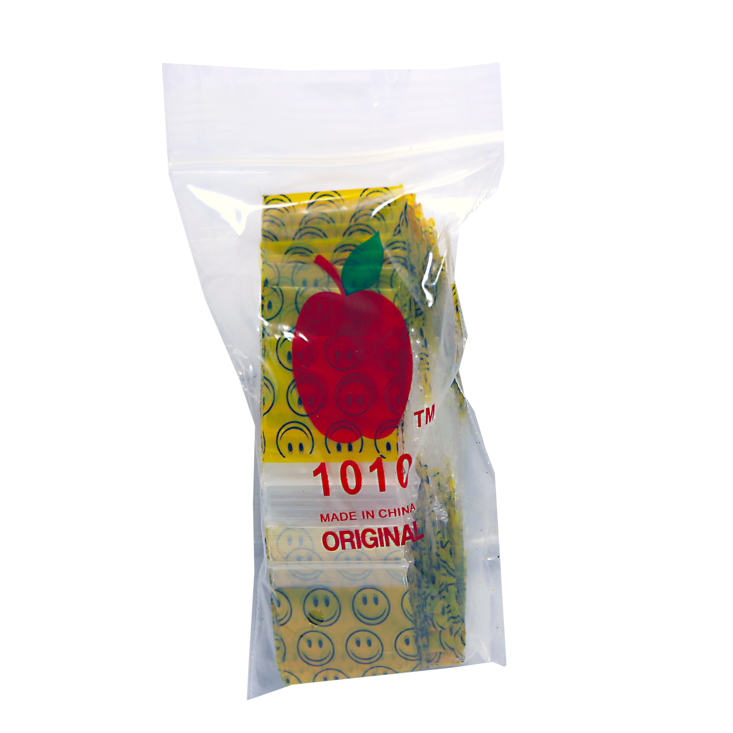 Mylar Bags, Cannabis Mylar Bags, Where to buy mylar bags, Custom mylar bags near me, Mylar Bags Wholesale. Apple Bags. Packaged product with a colorful label featuring an apple and smiley faces on a white background.