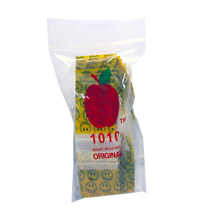 Mylar Bags, Cannabis Mylar Bags, Where to buy mylar bags, Custom mylar bags near me, Mylar Bags Wholesale. Apple Bags. Packaged product with a colorful label featuring an apple and smiley faces on a white background.
