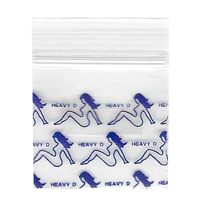 Mylar Bags, Cannabis Mylar Bags, Where to buy mylar bags, Custom mylar bags near me, Mylar Bags Wholesale. Apple Bags. Clear plastic bag with blue graphics and 'Heavy D' text on a white background
