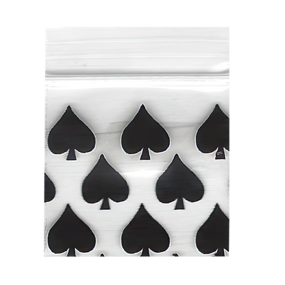 Mylar Bags, Cannabis Mylar Bags, Where to buy mylar bags, Custom mylar bags near me, Mylar Bags Wholesale. Apple Bags. White ziplock bag with black spade pattern on a white background