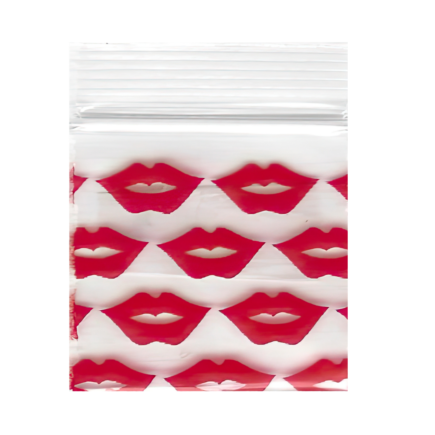 Mylar Bags, Cannabis Mylar Bags, Where to buy mylar bags, Custom mylar bags near me, Mylar Bags Wholesale. Apple Bags. Clear plastic bag with red and white lip pattern on a white background