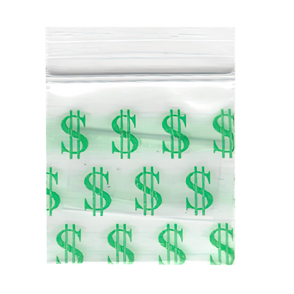 Mylar Bags, Cannabis Mylar Bags, Where to buy mylar bags, Custom mylar bags near me, Mylar Bags Wholesale. Apple Bags. Clear plastic bag with green dollar sign pattern on a white background