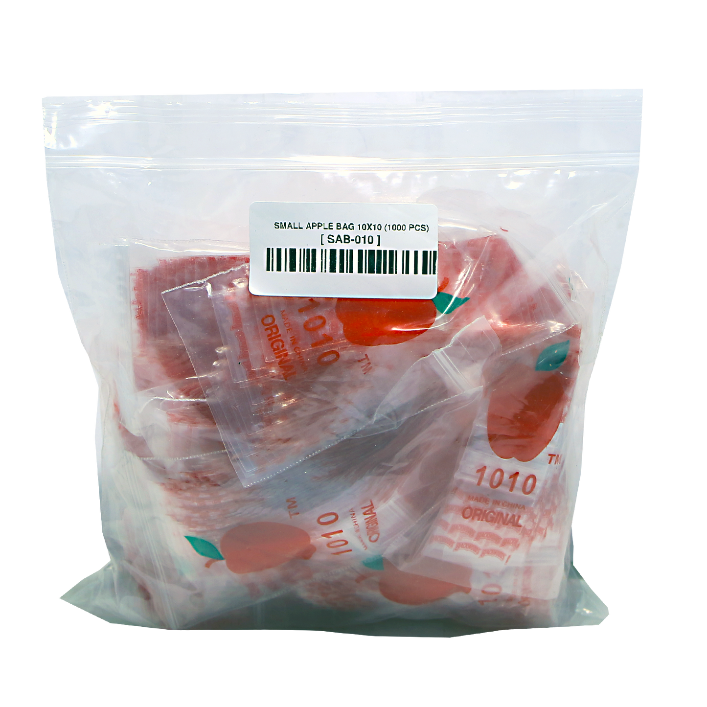 Mylar Bags, Cannabis Mylar Bags, Where to buy mylar bags, Custom mylar bags near me, Mylar Bags Wholesale. Apple Bags. Clear plastic bag with small apple-shaped bags inside and a barcode label on a white background