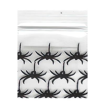 Mylar Bags, Cannabis Mylar Bags, Where to buy mylar bags, Custom mylar bags near me, Mylar Bags Wholesale. Apple Bags. Clear plastic bag with black spider pattern on a white background