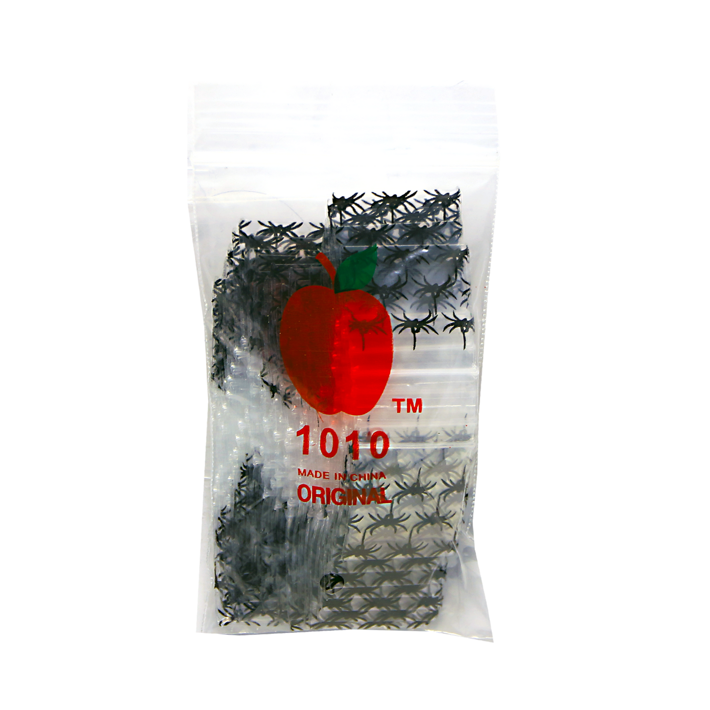 Mylar Bags, Cannabis Mylar Bags, Where to buy mylar bags, Custom mylar bags near me, Mylar Bags Wholesale. Apple Bags. Bag of black plastic spiders with a red apple logo and '1010' text on a white background
