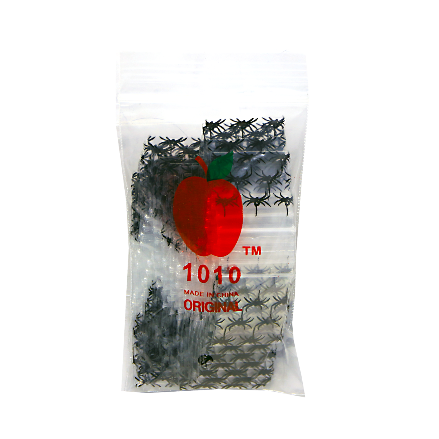 Mylar Bags, Cannabis Mylar Bags, Where to buy mylar bags, Custom mylar bags near me, Mylar Bags Wholesale. Apple Bags. Bag of black plastic spiders with a red apple logo and '1010' text on a white background