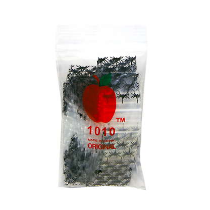Mylar Bags, Cannabis Mylar Bags, Where to buy mylar bags, Custom mylar bags near me, Mylar Bags Wholesale. Apple Bags. Bag of black plastic spiders with a red apple logo and '1010' text on a white background