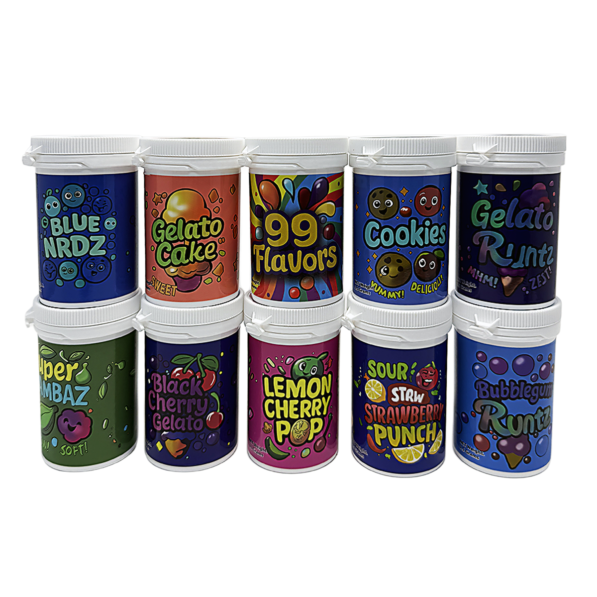 10 Pack – 3.5g Sealed Gram Jars – Mixed Assorted Designs with Child-Resistant Caps