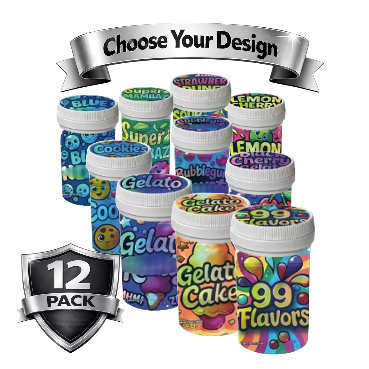 12 Pack -3.5g Sealed Gram Jars with Child-Resistant Caps - Choose your Design