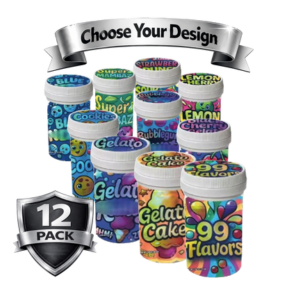 12 Pack -3.5g Sealed Gram Jars with Child-Resistant Caps - Choose your Design