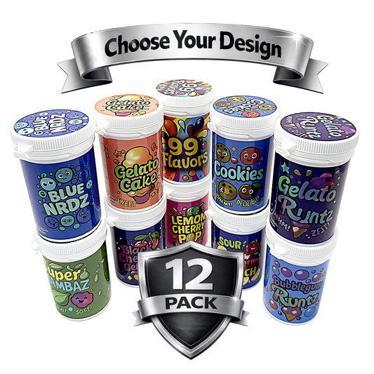 12 Pack -3.5g Sealed Gram Jars with Child-Resistant Caps - Choose your Design