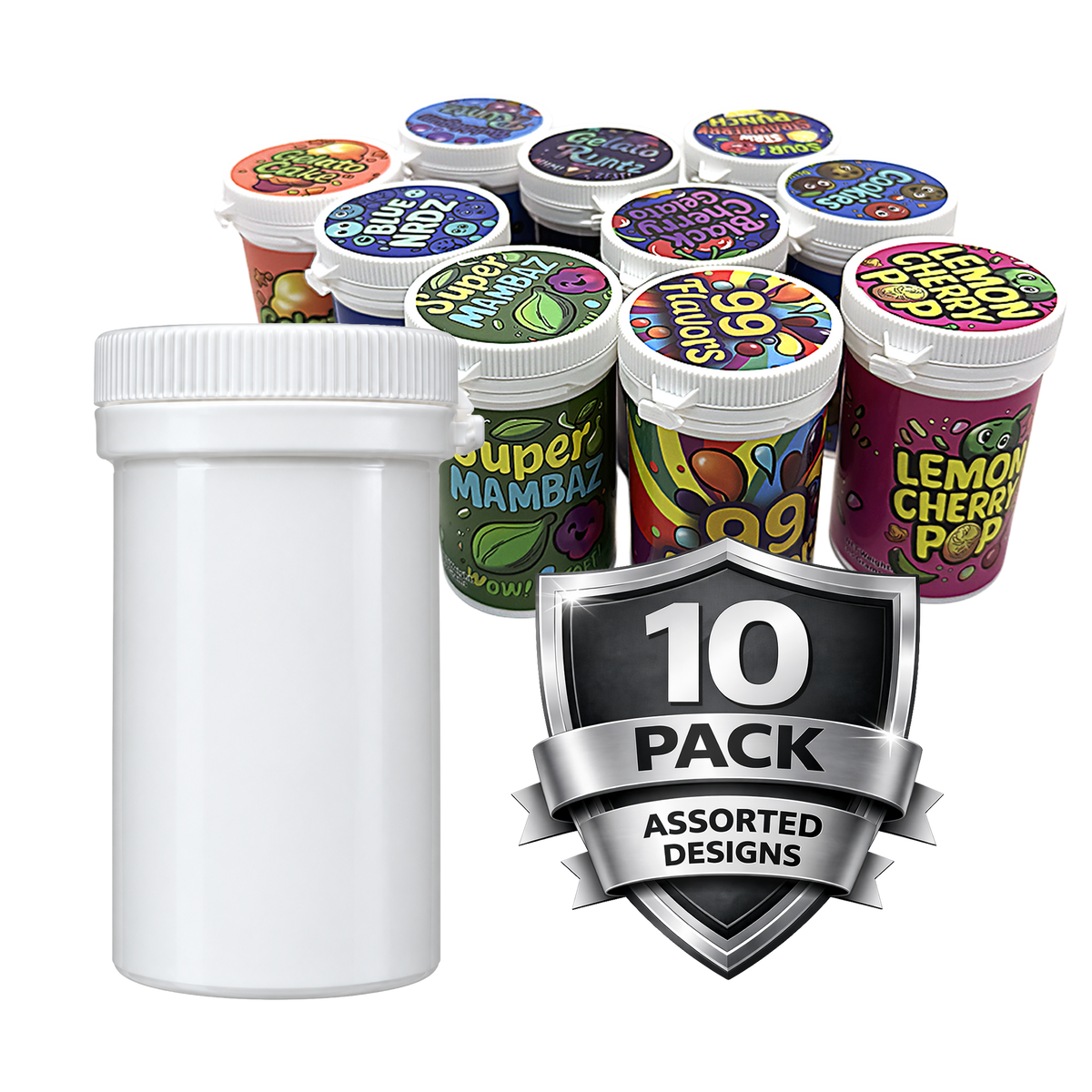 10 Pack – 3.5g Sealed Gram Jars – Mixed Assorted Designs with Child-Resistant Caps