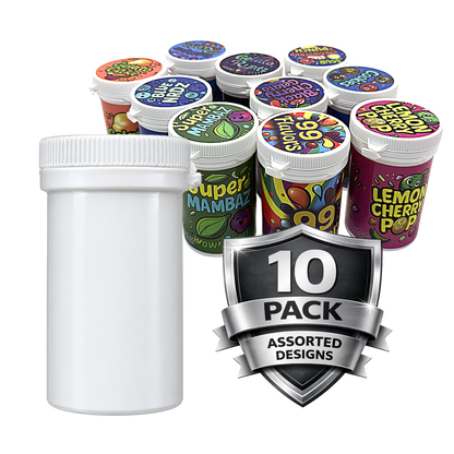 10 Pack – 3.5g Sealed Gram Jars – Mixed Assorted Designs with Child-Resistant Caps