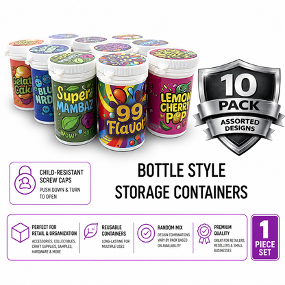 10 Pack – 3.5g Sealed Gram Jars – Mixed Assorted Designs with Child-Resistant Caps