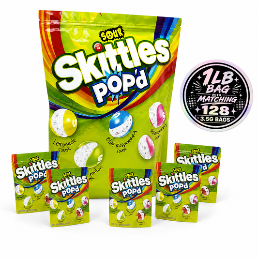 1 Pack 1lb Mylar Bag + 128 Matching 3.5g Mylar Bags – Matching Design Bundle - Skittles Pop'd