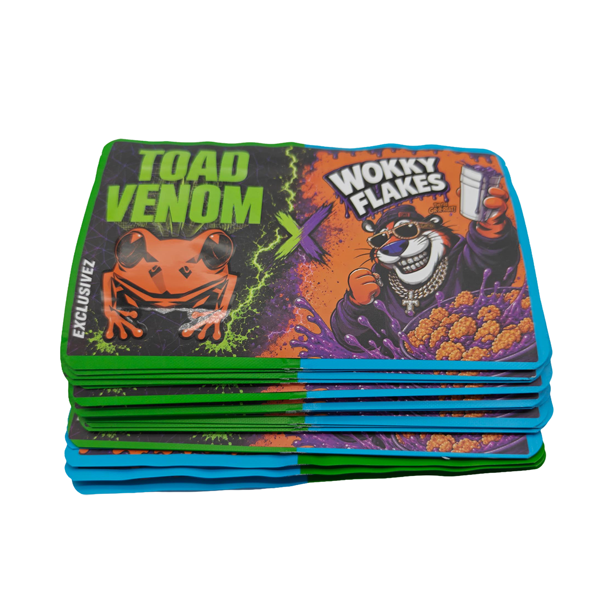 32 Pack - 7g (2IN1) Split Dual Graphic Mylar Bags Mixed Designs - Toad Venom & Wokky Flakes