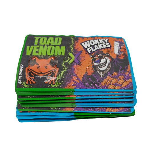 32 Pack - 7g (2IN1) Split Dual Graphic Mylar Bags Mixed Designs - Toad Venom & Wokky Flakes