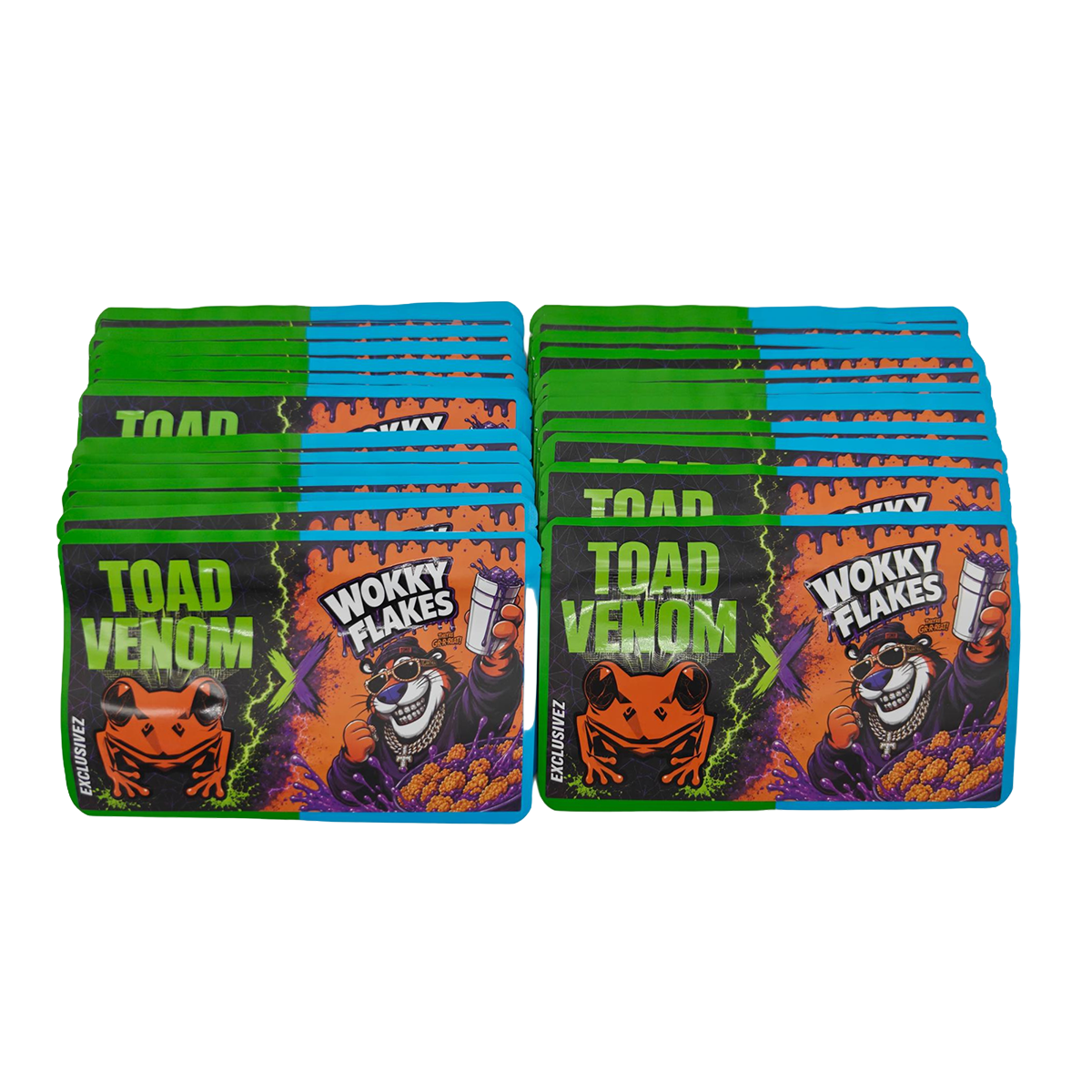32 Pack - 7g (2IN1) Split Dual Graphic Mylar Bags Mixed Designs - Toad Venom & Wokky Flakes
