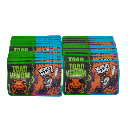 32 Pack - 7g (2IN1) Split Dual Graphic Mylar Bags Mixed Designs - Toad Venom & Wokky Flakes