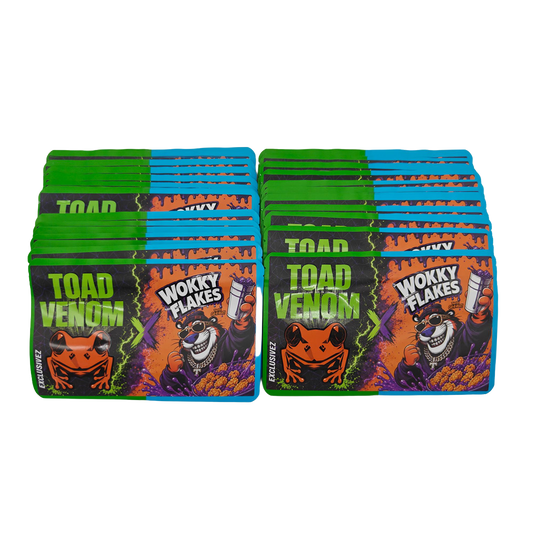 32 Pack - 7g (2IN1) Split Dual Graphic Mylar Bags Mixed Designs - Toad Venom & Wokky Flakes