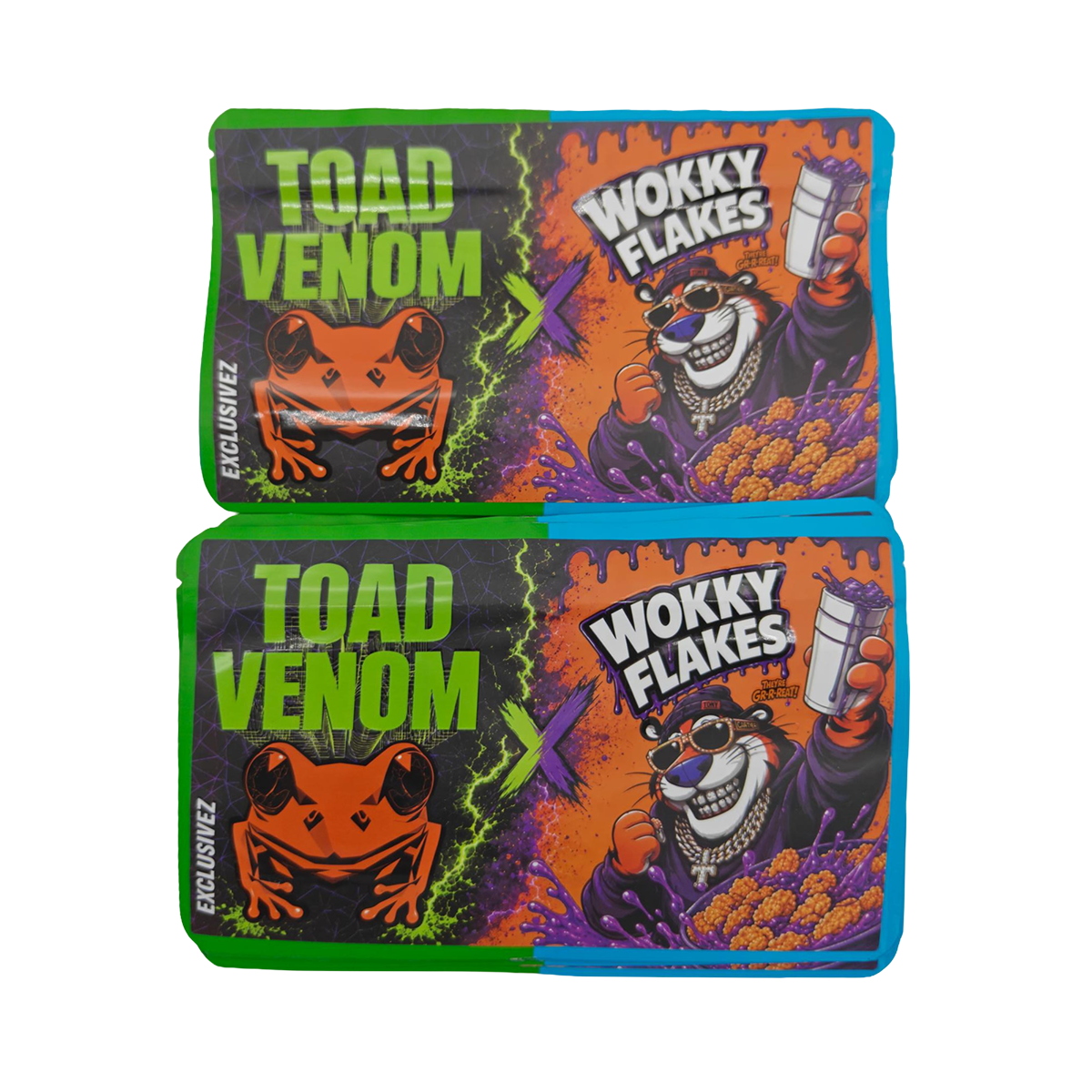 32 Pack - 7g (2IN1) Split Dual Graphic Mylar Bags Mixed Designs - Toad Venom & Wokky Flakes