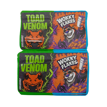 32 Pack - 7g (2IN1) Split Dual Graphic Mylar Bags Mixed Designs - Toad Venom & Wokky Flakes