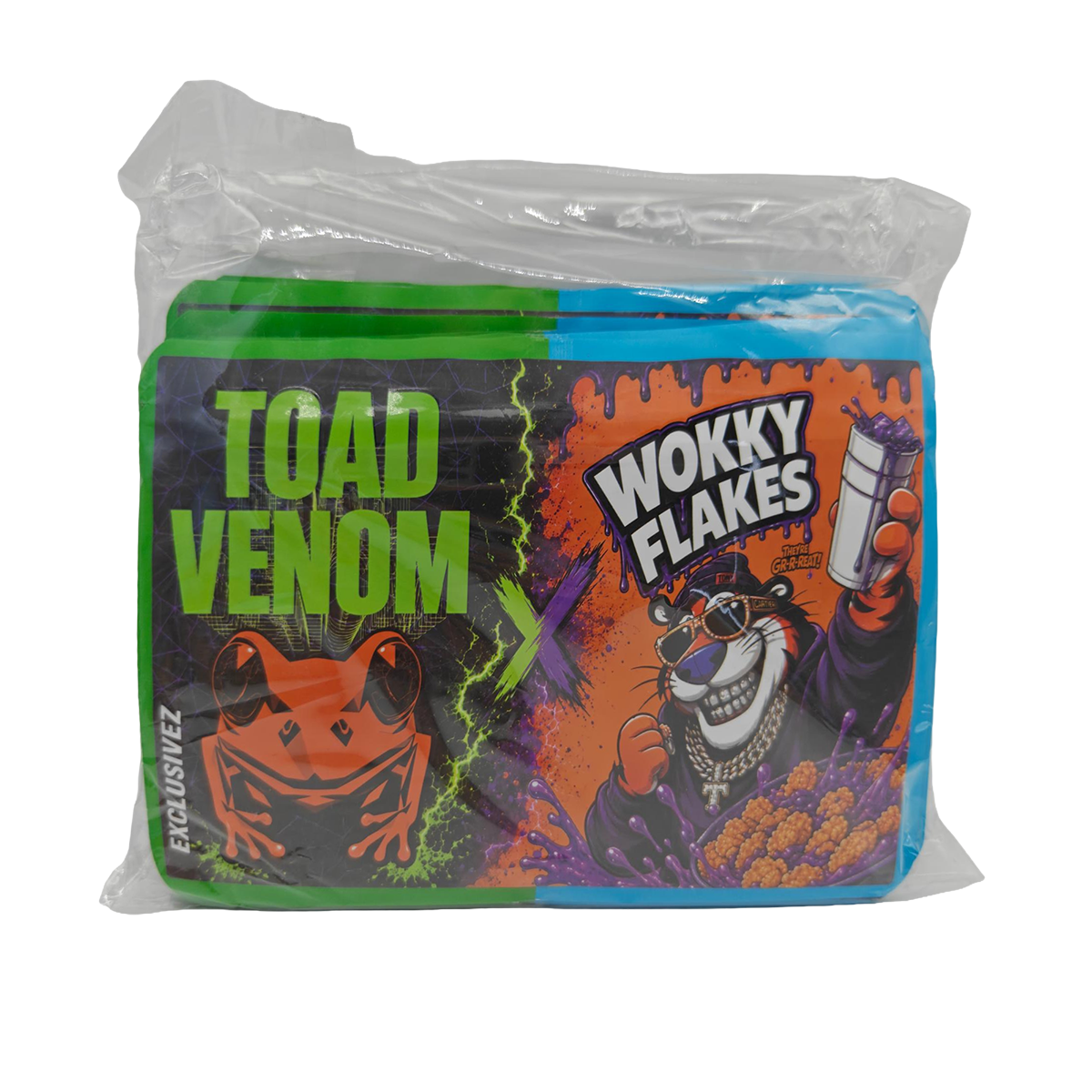 32 Pack - 7g (2IN1) Split Dual Graphic Mylar Bags Mixed Designs - Toad Venom & Wokky Flakes