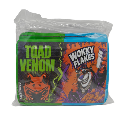 32 Pack - 7g (2IN1) Split Dual Graphic Mylar Bags Mixed Designs - Toad Venom & Wokky Flakes