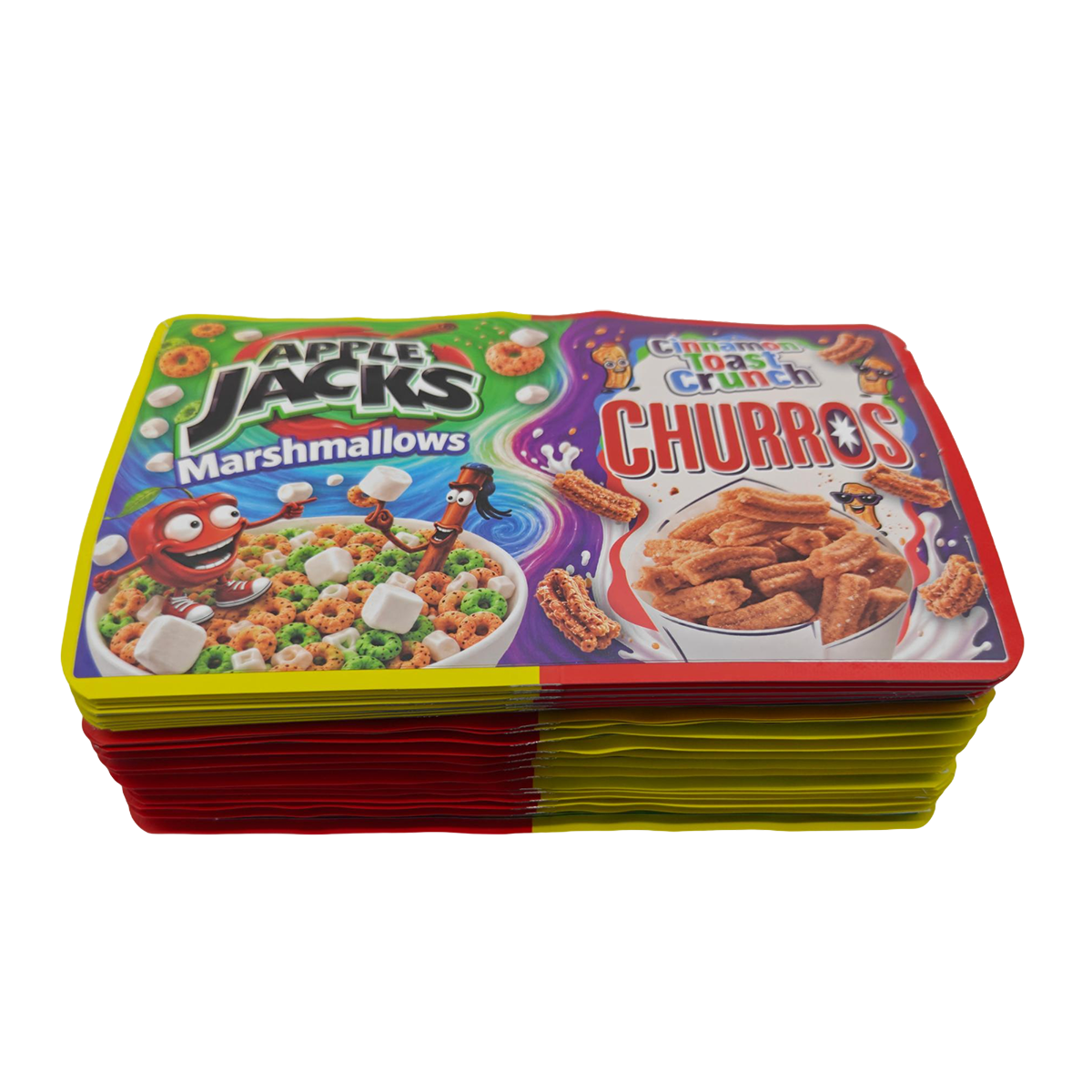 32 Pack - 7g (2IN1) Split Dual Graphic Mylar Bags Mixed Designs - Apple Jacks & CTC Churros