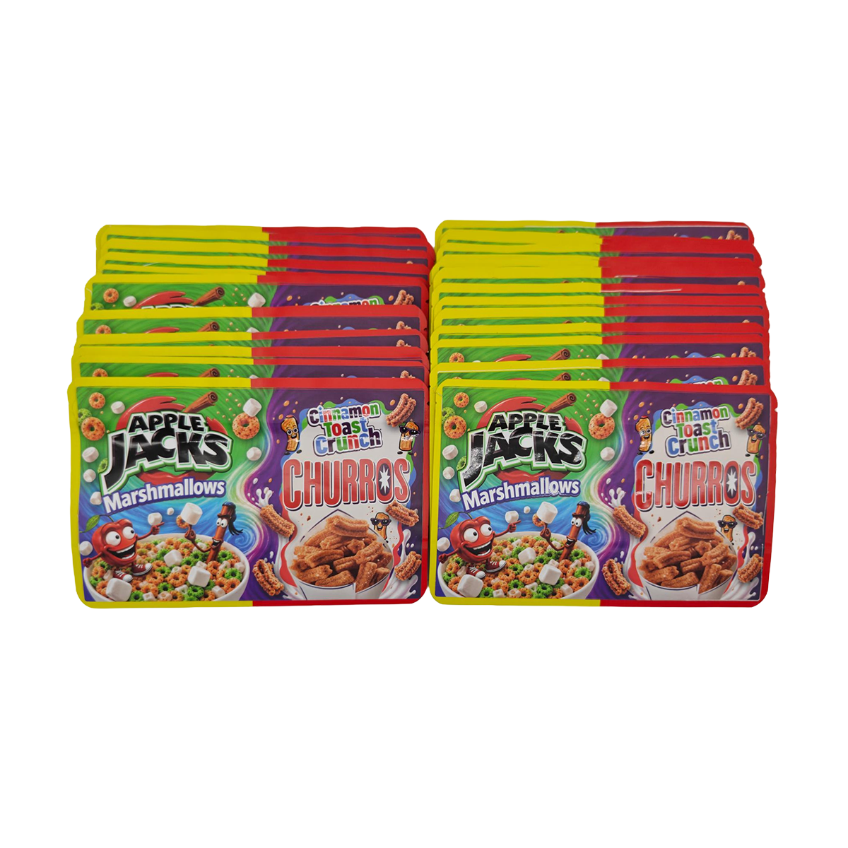 32 Pack - 7g (2IN1) Split Dual Graphic Mylar Bags Mixed Designs - Apple Jacks & CTC Churros